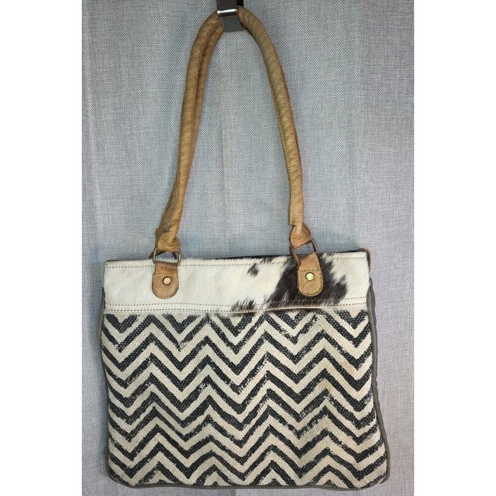 Myra Bag Cowhide Leather & Canvas Chevron Tote Purse Brown And Cream Colors